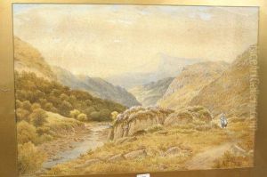 Extensive Landscape With Figures On A Path, Cattle Watering Beyond by Julius Godet