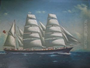 The Barque Alliance Under Full Sail Off A Lighthouse by Godfrey