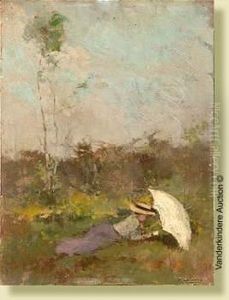 Jeune Fille A L'ombrelle Allongee Dans Le Pre by Ernst Jean Joseph Godfrinon
