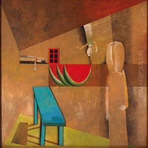 Tres Personajes Con Sandia, Mesa Y Ventana by Federico Godoy Castro