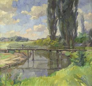 Fluslandschaft Mit Brucke Und Pappeln Fluslandschaft Mit Brucke Und Pappeln