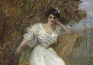 Natalie Goeneutte, The Artist's Sister, Seated In A White Dress Ona Terrace