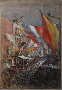 Crowded Street Scene Decked Out Withflags by Robert Charles, Goff Col.