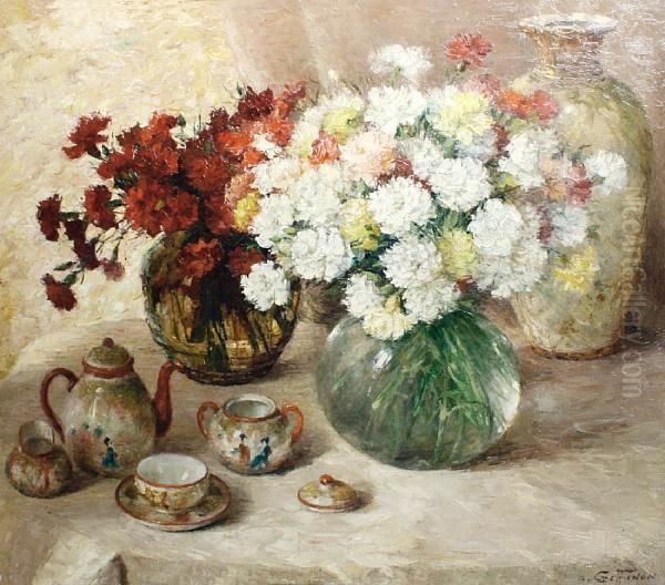 A Still Life Of Carnations And A Tea Set - view 1