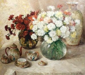 A Still Life Of Carnations And A Tea Set by Aristide Goffinon