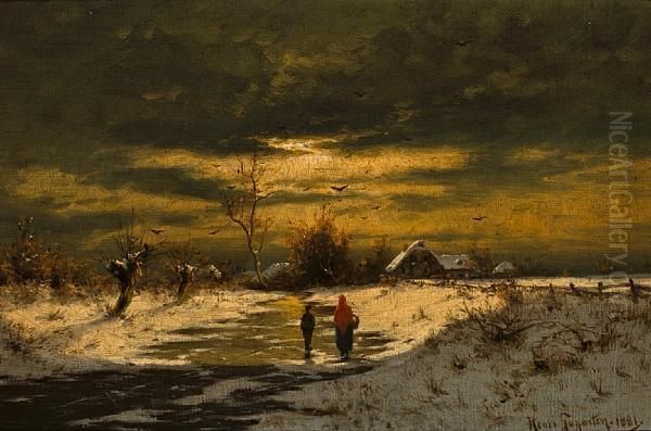 Figures On A Path In The Snow At Sunset - view 1