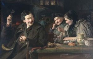 Stubeninterieur Mit Jagersmann Und Zwei Bauerinnen by Otto Goldmann