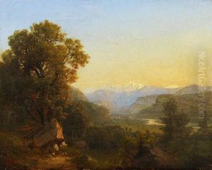 Blick Uber Ein Weites Alpenflusstal Mit Burgruine Und Kleinem Stadtchen.