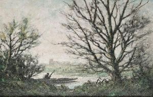 Extensive River Landscape Seen Through Trees; And A Companion by G. Harold Goldthwait