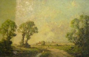 Sheep On A Country Lane 
 With Village In Distance