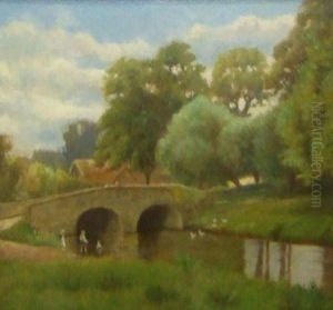 Children Playing With Toy Boat In A River by Harold Goldthwaite
