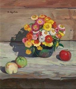 Stillleben Mit Spatsommerblumen Und Apfeln