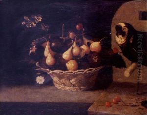 Still Life Of Cherries, Plums And Figs In A Basket Resting On A Ledge, A Parrot Looking On by Baltazar Gomes Figueira