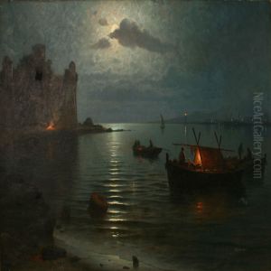 Coastal Scene From Malaga With A Castleruin And Fishermen