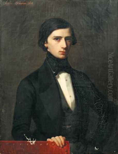 Portrait En Buste De Jeune Homme Enchemise Blanche, Cravate Et Redingote Noires, La Main Posee Sur Ledos D'un Siege - view 1