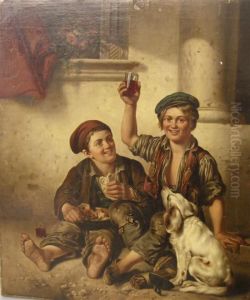 Two Young Boys Drinking With A Dog by Christian Friedrich Gonne