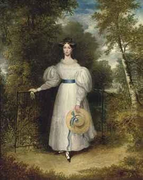 Portrait Of A Lady, Small Full-length, In A White Dress With A Bluesash, Holding A Straw Hat, Standing By A Gate, A Landscapebeyond - view 1