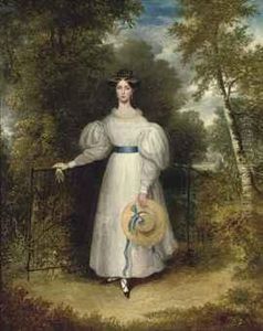 Portrait Of A Lady, Small Full-length, In A White Dress With A Bluesash, Holding A Straw Hat, Standing By A Gate, A Landscapebeyond by James Gooch