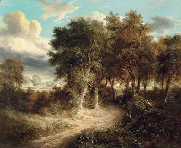 A Wooded Landscape With A Couple Conversing On A Track, An Open Field With A Farmstead Beyond - view 1