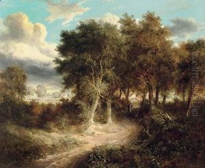A Wooded Landscape With A Couple Conversing On A Track, An Open Field With A Farmstead Beyond by James Gooch
