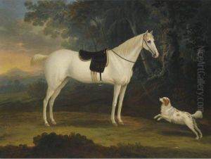 Portrait Of Cygnet, A Grey Horse, With A White Spaniel In A Landscape by Thomas Gooch
