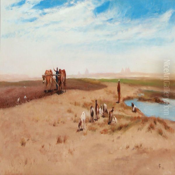 Farmer And Shepherd At The Nile, In The Background The Pyramids - view 1
