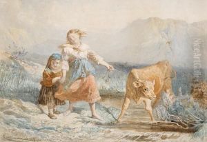 Two Young Girls And A Calf By A Mountainstream Two Young Girls And A Calf By A Mountainstream