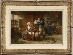 Playing With The Baby, Figures In A House Interior by Walter Goodall