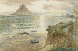 Fishermen Hauling A Boat Up On The Beach Before St Michael's Mount by Harry Goodwin