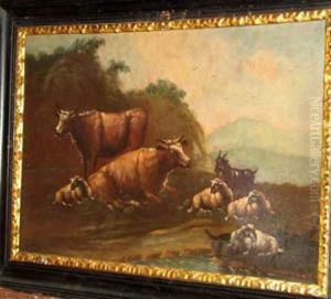 Cows And Sheeps Resting In Landscape by Pieter Goos