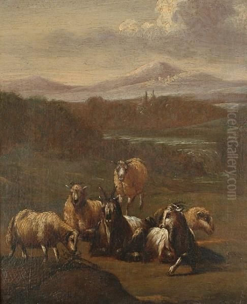 Sheep And Goats In A Landscape, With Mountains Beyond - view 1