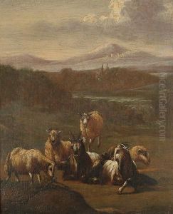 Sheep And Goats In A Landscape, With Mountains Beyond by Pieter Goos