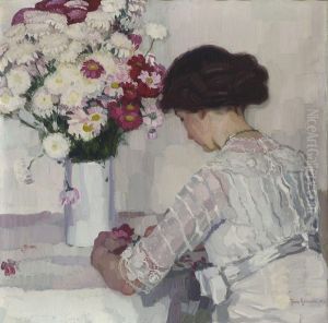 Dame In Weis Mit Blumen by Josse Goossens