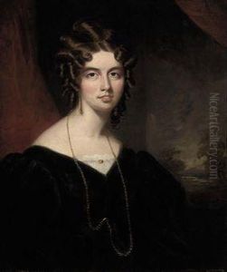 Portrait Of Amelia Frances Pellat, Seated Half-length, In A BlackDress And Gold Chain, A Landscape Beyond