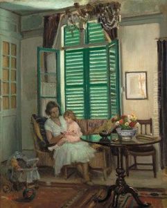 Interior With The Artist's Wife, Yvonne & Young Daughter, Elizabeth, At Montreuil-sur-mer by William Crampton Gore