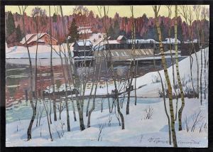 Russisches Dorf An Einem Flusslauf In Der Dammerung by Ivan Silych Goriushkin-Sorokopudov