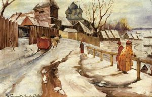 Winter Scene, Russian Village by Ivan Silych Goriushkin-Sorokopudov