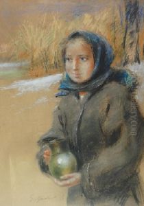 Dziewczyna Huculska Z Dzbanem by Stanislaw Gorski