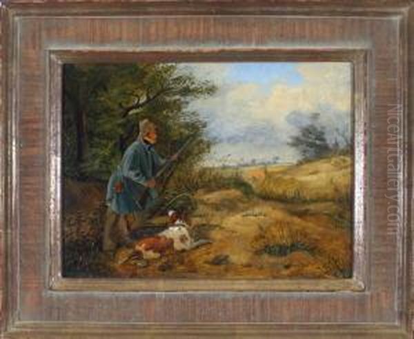 Ein Jager Mit Seinem Hund Am Waldrand Beim Anlegen Des Gewehrs - view 1