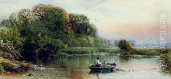 A River Landscape At Dusk With Young Anglers Dragging In Their Nets - view 1
