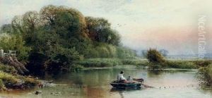 A River Landscape At Dusk With Young Anglers Dragging In Their Nets by William W. Gosling