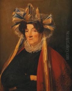Portrait De Femme Portant Un Bonnet De Dentelles Orne D'un Noeud Bleu Et Jaune