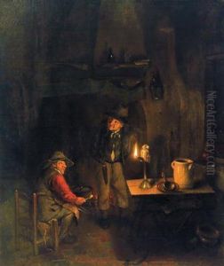 Due Uomini In Un Interno Notturno Alla Luce Di Una Lampada A Olio by Gerard Goswin