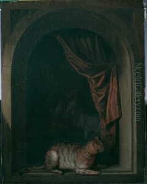 Eine Katze Am Fenster Eines Malerateliers. Im Hintergrund Der Maler An Der Staffelei. - view 1