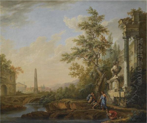 An Italianate Landscape With Figures Drinking From A River Beneath Classial Ruins, An Obelisk, A Roman Triumphal Arch And A Town Beyond - view 1