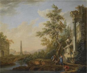 An Italianate Landscape With Figures Drinking From A River Beneath Classial Ruins, An Obelisk, A Roman Triumphal Arch And A Town Beyond