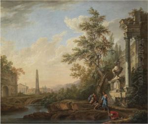 An Italianate Landscape With Figures Drinking From A Stream Beneathruins, An Obelisk, A Roman Triumphal Arch And A Town Beyond
