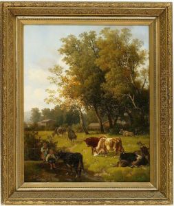 Landscape With Cows And Children by Eduard Gotzelmann