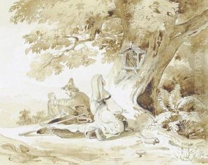 Italian Peasants Praying At A Wayside Shrine by Carl Wilhelm Goetzloff