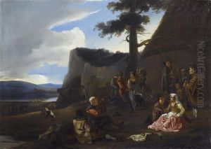 Tarantella - Mediterranean Landscape With Herdsmen Feasting And Dancing by Anton Goubau